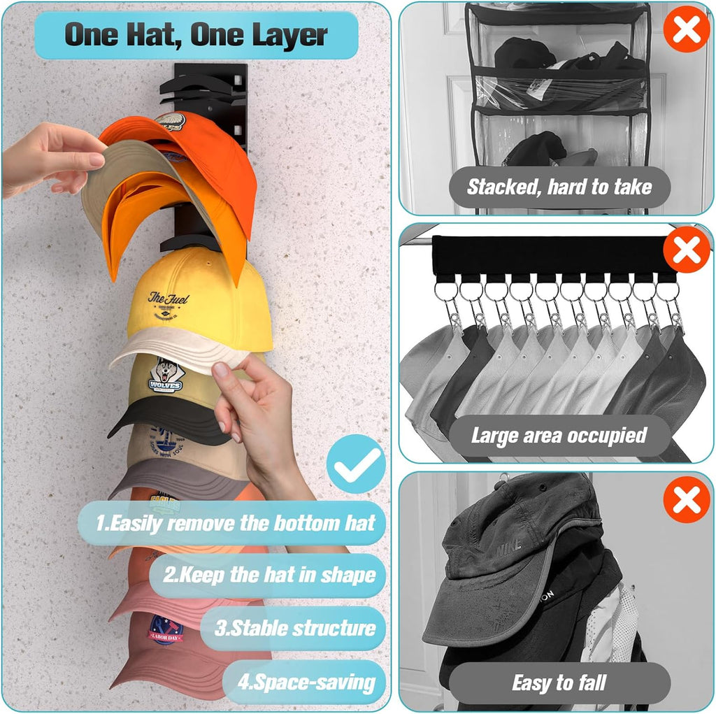 Skiennix Hat Organizer - Wall-Mounted Rack for Up to 10 Baseball Caps | Strong Adhesive, Black