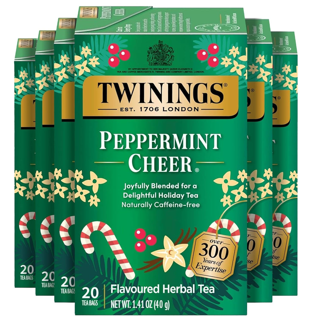 Twinings Peppermint Cheer Herbal Tea - Caffeine-Free, 20 Individually Wrapped Bags (Pack of 6) | Enjoy Hot or Iced