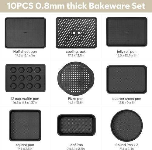 Fire More 10-Piece Nonstick Baking Pan Set - Durable 0.8MM Bakeware with Cookie Sheets, Muffin & Cake Pans