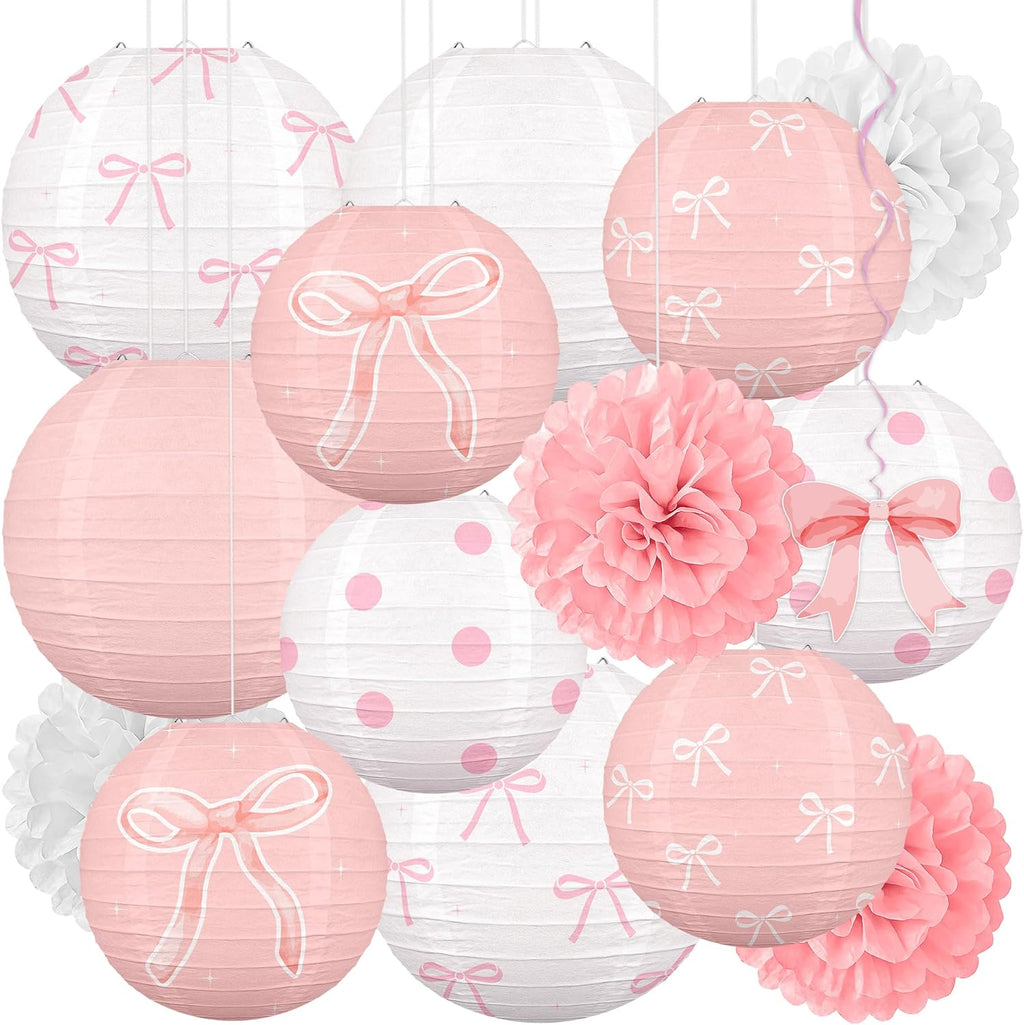 Skiennix 15Pcs Pink Bow Paper Lanterns - Birthday Party Decorations for Girls & Baby Showers