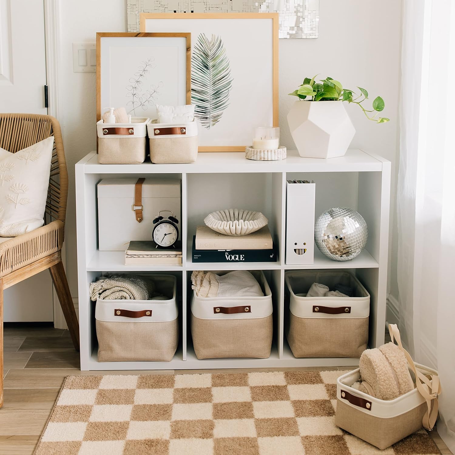 OrganiHaus Large Fabric Storage Baskets - 3 Pack Canvas Organizers for Shelves | 15x11in Beige/Off-White