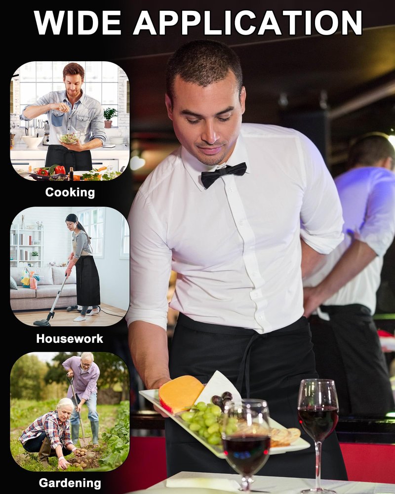 Xtinmee 10 Pcs Bistro Aprons 2 Pockets 32 Inch Waterproof Half Waist Black Bistro Apron with Long Waist Ties for Server Chef Waiter Waitress Bartender