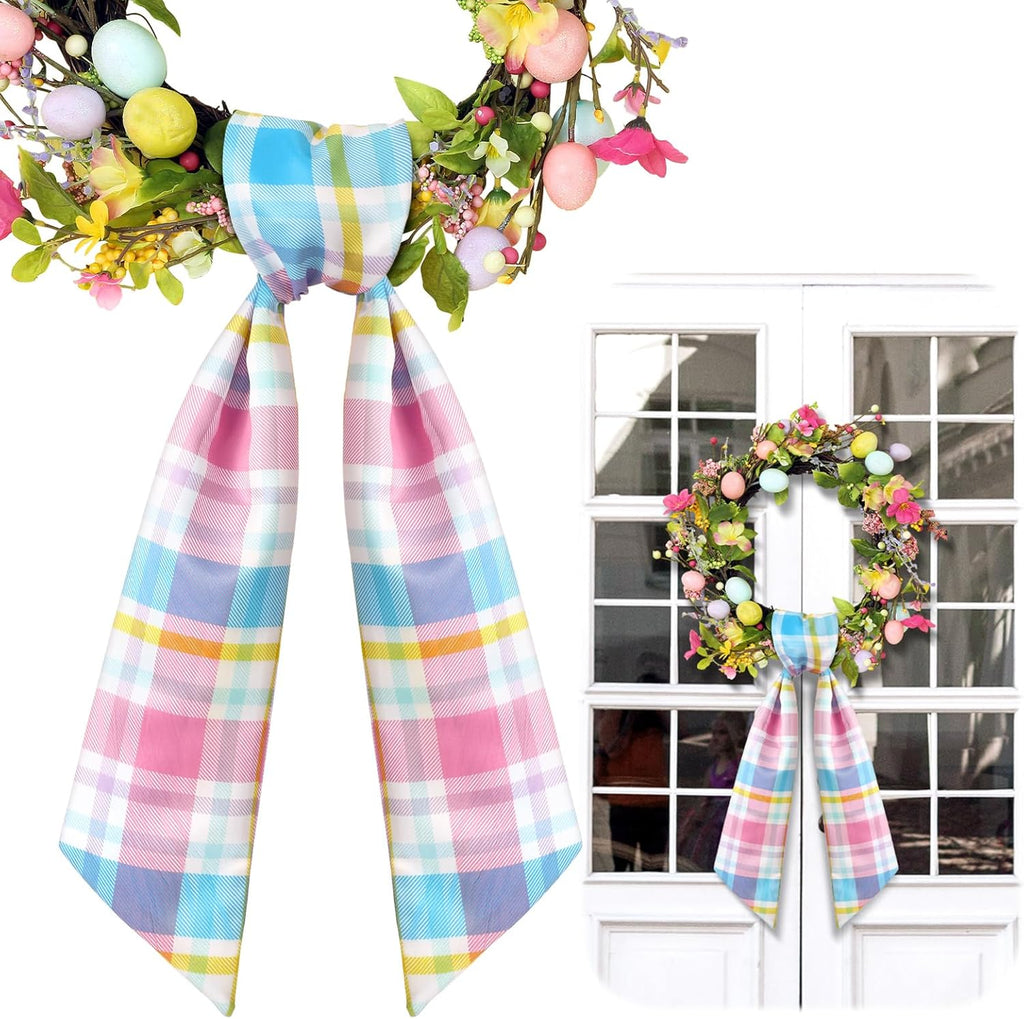 VitalCozy Easter Plaid Wreath Sash - Satin Monogram Ribbon for Indoor/Outdoor Decor