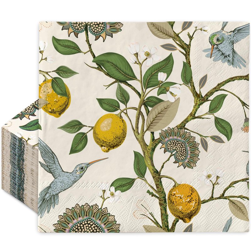 80Pcs Blue Bird Cocktail Napkin Lemon Tree Disposable Paper Napkins Vintage Beverage Napkins for Wedding Birthday Party Tableware Supplies