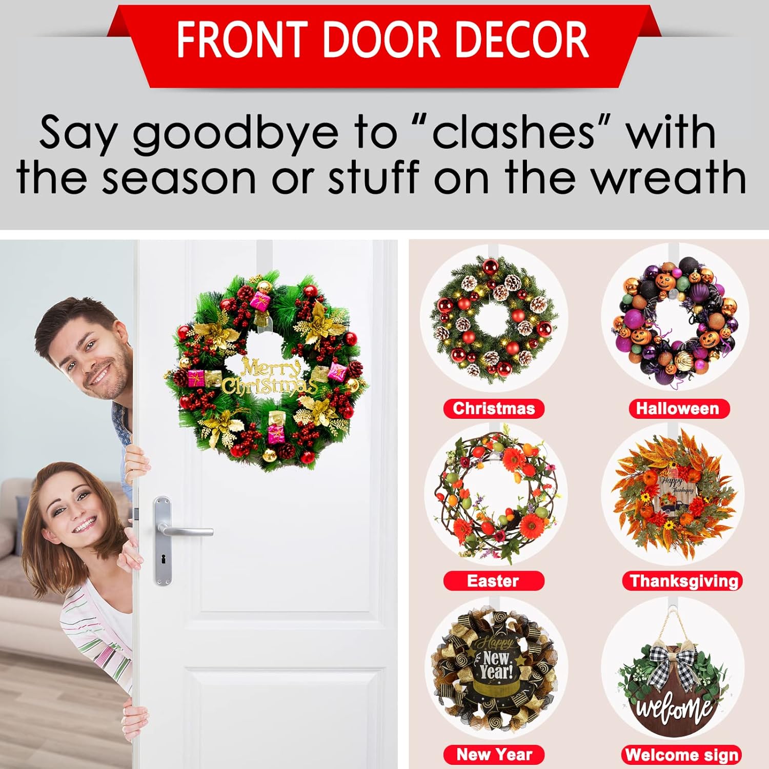 Skiennix Clear Wreath Hanger Hooks - 15 Inch Non-Scratch Over The Door Hooks | 2 Pack for Indoor/Outdoor Decor