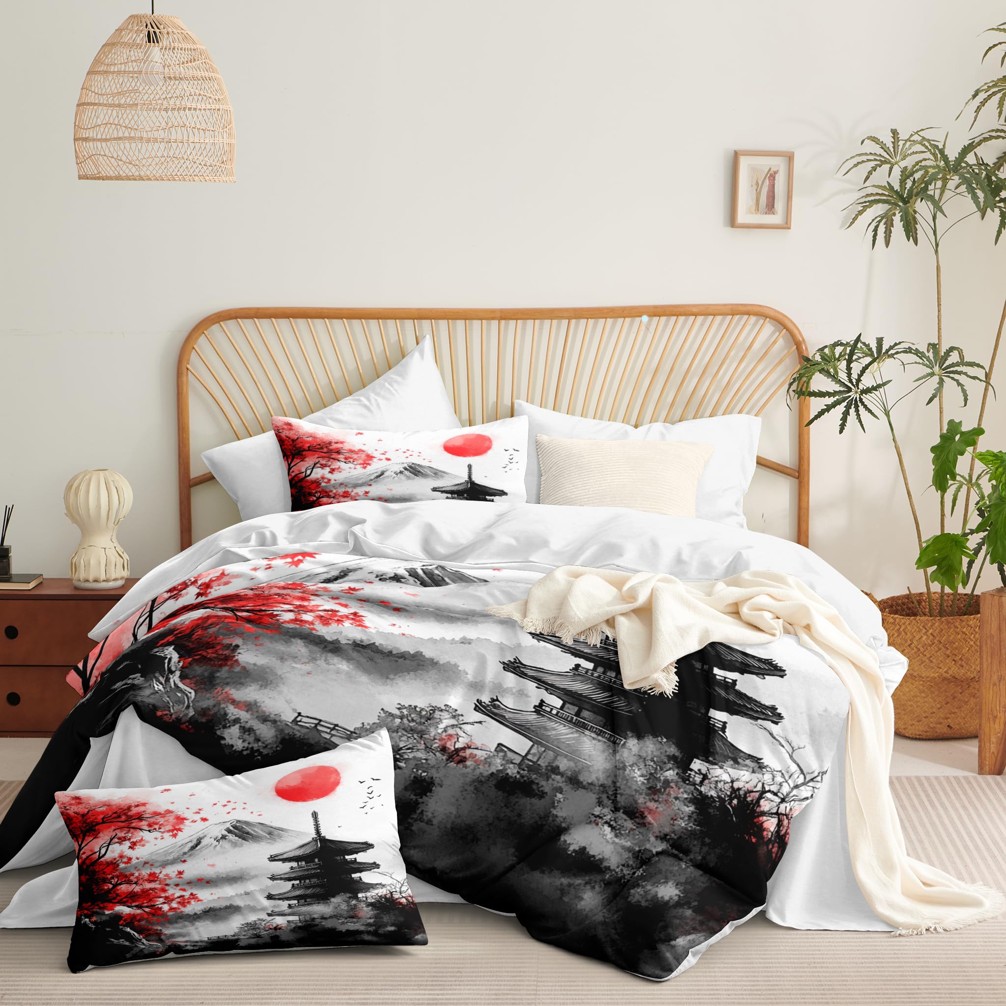 Ccoutuechen Classical Architecture Art Painting Comforter Set Queen, 3pcs Japanese Style Botanical Soft Bedding Set for Women Girl, Lightweight Down Alternative Comforter with 2 Pillowcases(90" X 90")