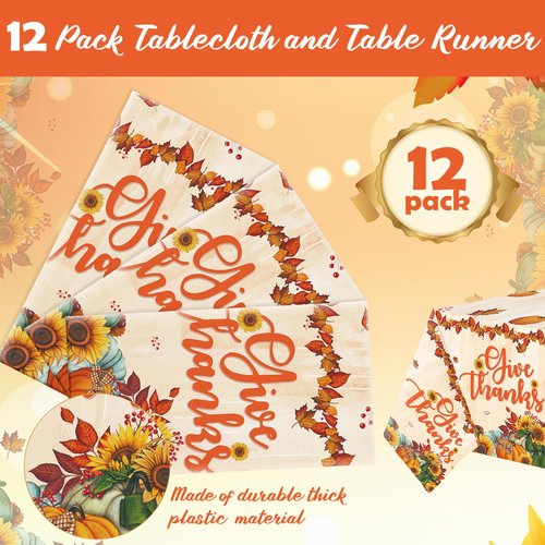 Fanfanwin 12 Pack Thanksgiving Fall Disposable Tablecloths Autumn Maple Leaf Give Thanks Plastic Table Cover 108 x 54 In Rectangle Pumpkin Table Cloth for Thanksgiving Autumn Harvest Party Decorations