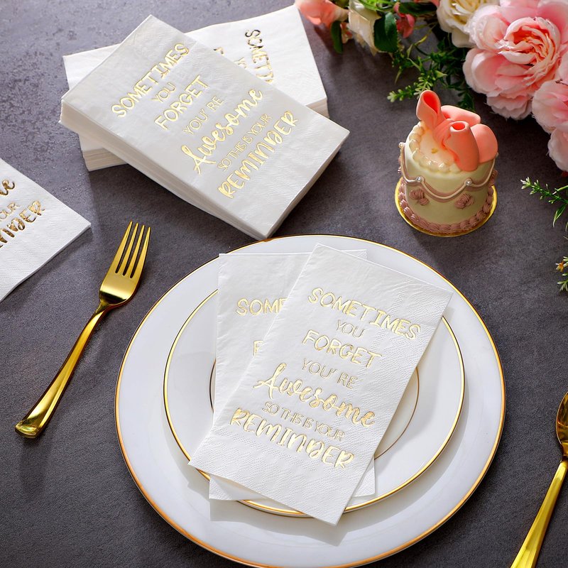 Lincia 200 Pcs Thank You Gifts Napkins Disposable Paper Napkins Inspirational Gifts for Women Men Coworker Employee Appreciation Students Graduation Elegant Metallic Foil Cocktail Napkins (White)