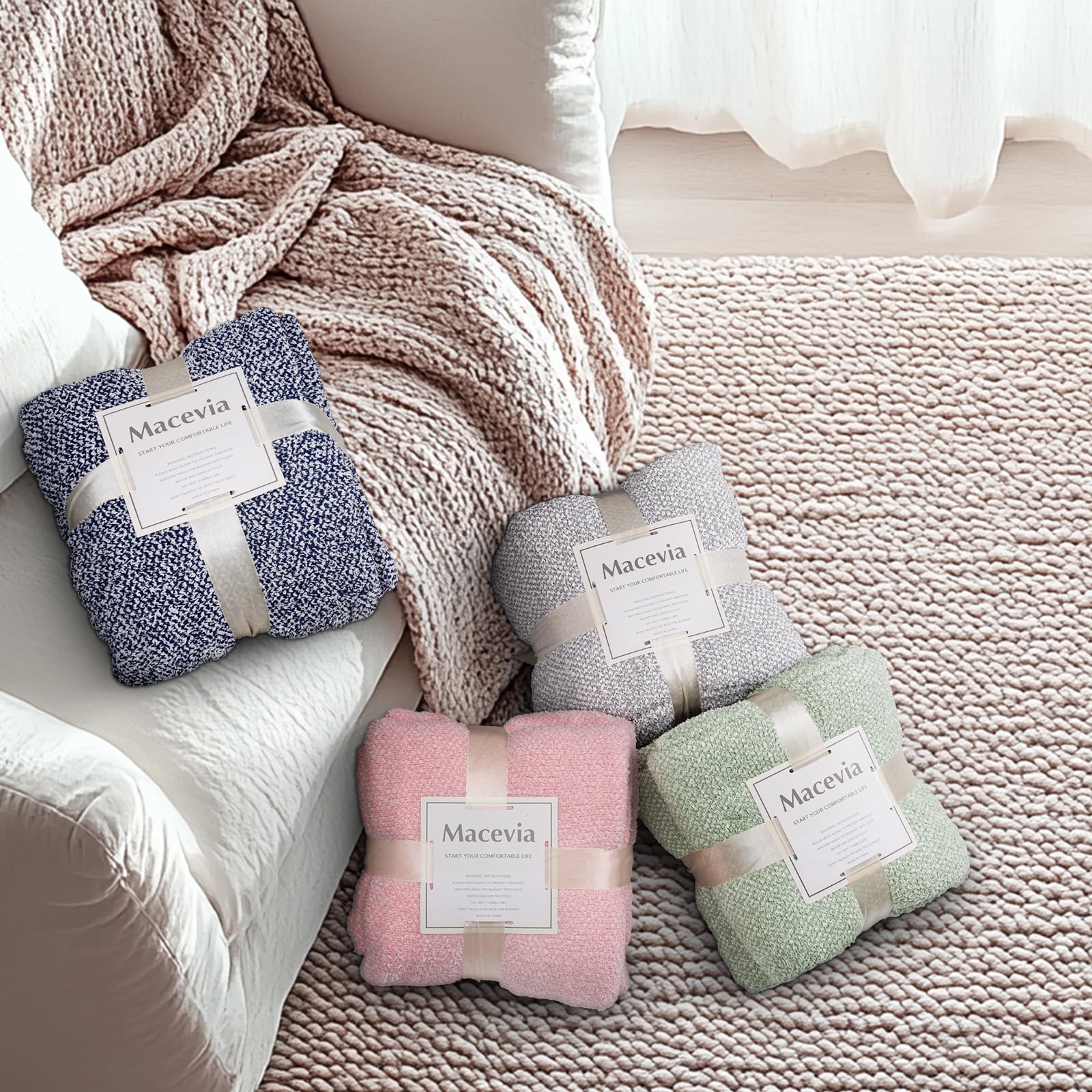 MACEVIA Grey Knit Throw Blanket for Couch 50" x 60" Super Soft Cozy Warm Bed Throws Winter Blankets for Sofa (Heather Grey)