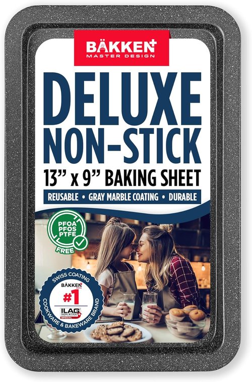 BAKKEN Nonstick Baking Pan - Commercial Grade Carbon Steel Cookie Sheet, 13.18" x 8.66", Oven Safe to 450°F, Gray Marble