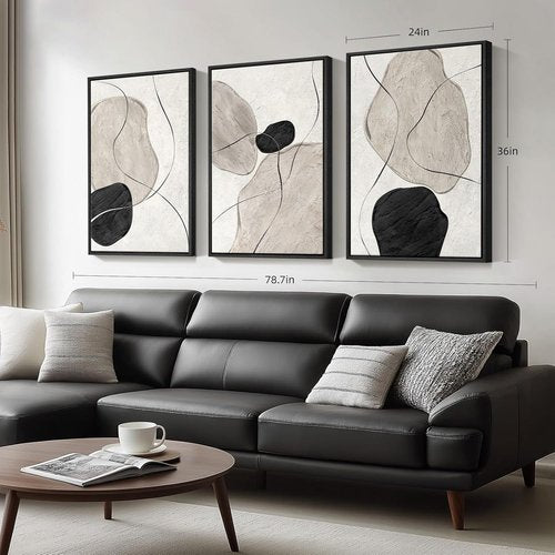 Framed Black and White Abstract Wall Art - Large 3 Piece Minimalist Canvas Set | Modern Decor for Living Room, Dining Room & Home Office - 24x36 In