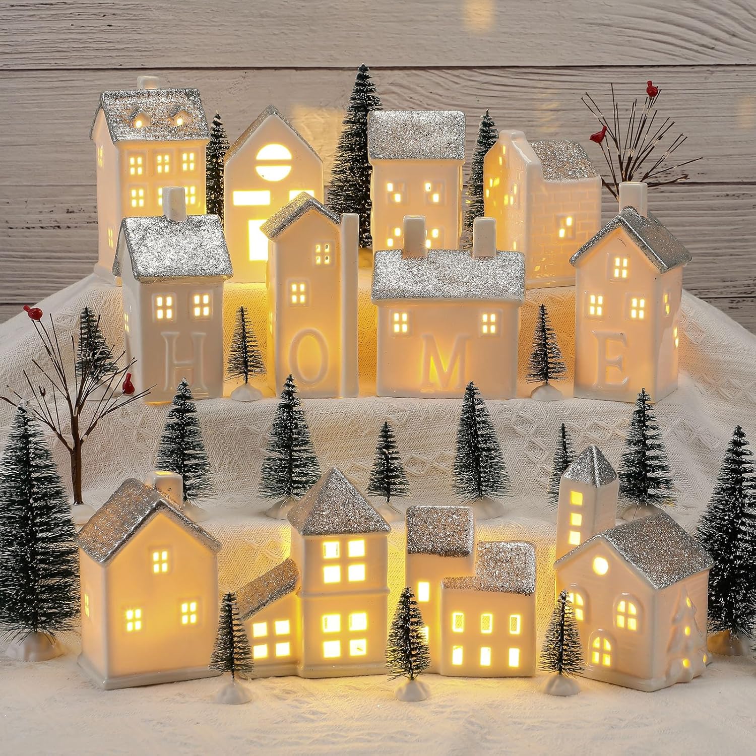 Zubebe Christmas Village Set - 30 Pcs LED Porcelain Holiday Houses | Silver Indoor Decor