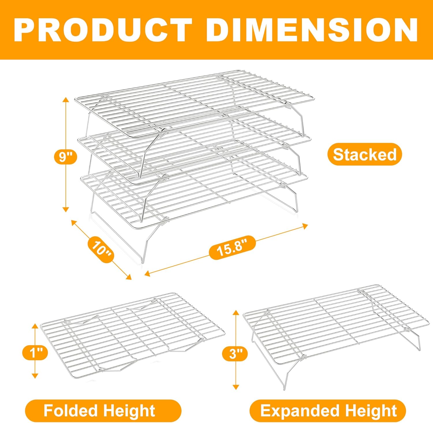 Skiennix 3-Tier Stackable Cooling Rack - Heavy Duty Baking Rack for Cookies, Pizza & Cakes - 15.8” x 10” - Oven & Dishwasher Safe