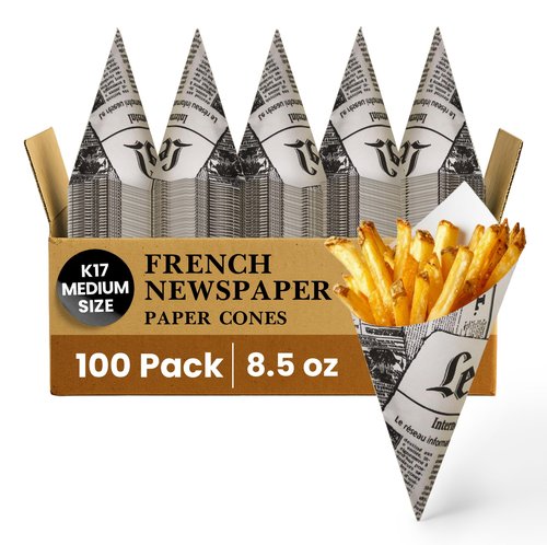 Friteshop – Premium French Newspaper Paper Cones K-17 Medium, 8.5 oz - European Made Disposable Food Service Holders for French Fries - Professional Snack Cone - Takeaway Food Packaging - 100 Count
