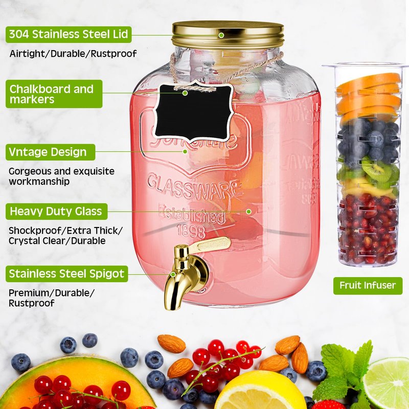 FillTouch 2 Pcs Glass Drink Dispenser for Parties Glass Water Beverage Dispenser with Stand Ice Cylinder 18/8 Stainless Steel Leakproof Spigot Hanging Chalkboard Signs Pen(2.5 Gallon)