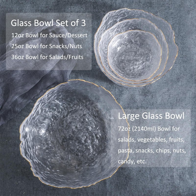 OBR KING Glass Salad Bowl Set of 3 Phnom Penh Mixing Bowls Irregular Shape Serving Containers for Kitchen Prep Fruit Pasta Popcorn and Snack