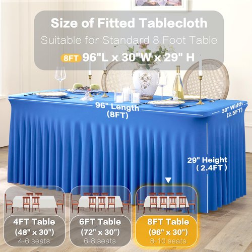 Htper 3 Packs Royal Blue Spandex Tablecloths for 8 Foot Rectangle Tables, Stretchy Fitted 8FT Blue Table Skirt for Wedding Party, Wrinkle Free Tablecloths for Banquet Wedding Birthday Party