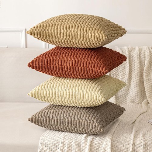 MIULEE Decorative Pillow Covers - Pack of 2 Dark Rust Corduroy | 18x18 Inch Soft Boho Striped Design for Modern Farmhouse Decor