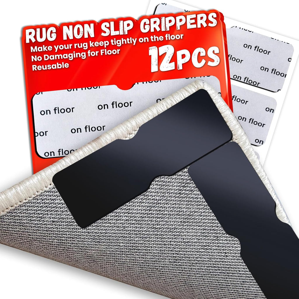 Skiennix Non-Slip Rug Grippers - Reusable Carpet Tape Pads for Hardwood & Tile Floors | 12 Pack