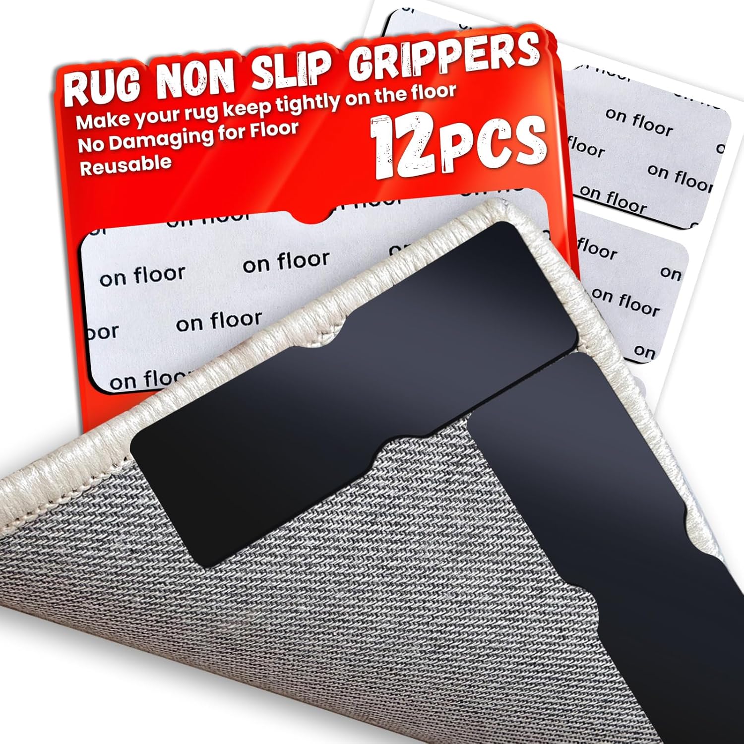 Skiennix Non-Slip Rug Grippers - Reusable Carpet Tape Pads for Hardwood & Tile Floors | 12 Pack