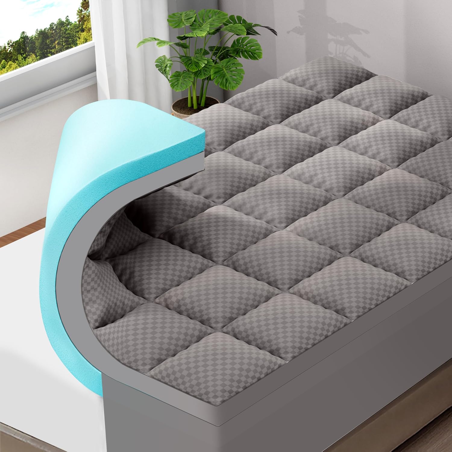 OLANLY Queen Size Memory Foam Mattress Topper - Dual-Layer 4 Inch Cooling Pillow Top & Gel Foam, Light Grey