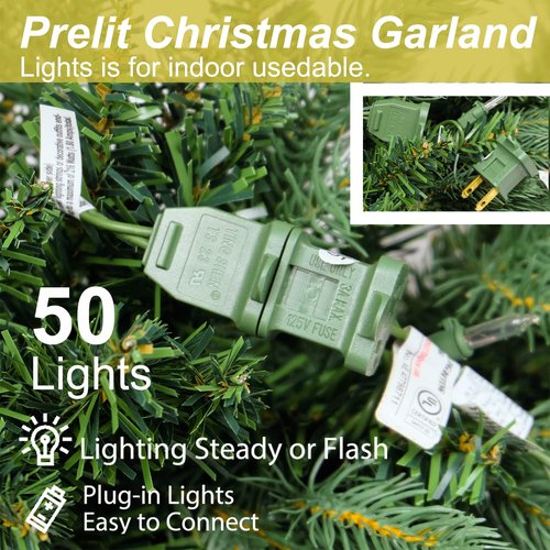 Christmas Garland with 50 Lights 9 Ft, Prelit Xnas Garland with Cypress Leaf, Battery Operated Christmas Decor for Mantle Staircase Indoor and Outdoor (Tips-A-Plug-in)