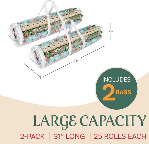 Elf Stor Wrapping Paper Storage Bags - Set of 2 Clear Totes with Handles for 30-Inch Rolls