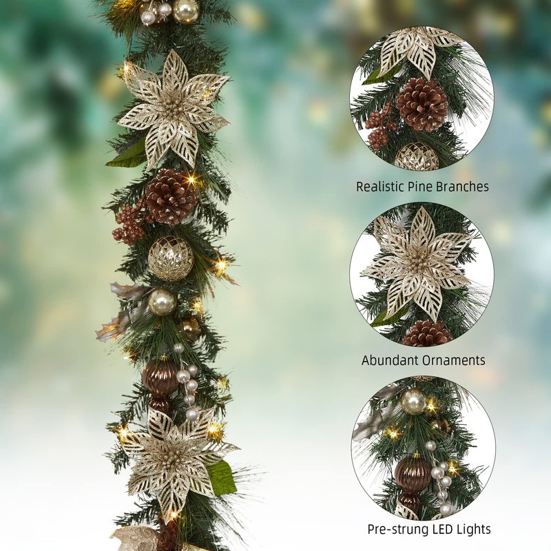 Fashionwu Gold Pre-lit Christmas Garland with Lights, 6 FT Lighted Xmas Garland with Golden Brown Bow-Knot Ball Decorations, Window Front Porch Door Fireplace Mantle Banister Decorations