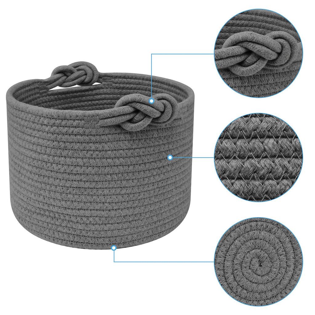 ABenkle Small Woven Basket, Cotton Rope Shelf Storage Basket, Small Round Basket, Cute Basket, Decorative Round Bin for Nursery Bedroom Bathroom, 9.4" x 9.4"x 7.1" Empty Gift Basket- Grey