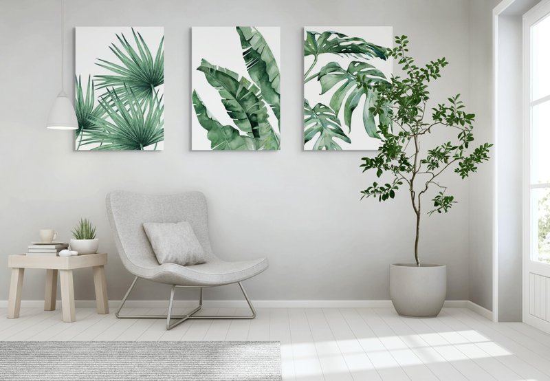 EAHunt Tropical Leaf Canvas Wall Art, Green Palm and Monstera Prints, Modern Botanical Wall Picture Minimalist Art Home Decor for Livingroom Bedroom Office 16"×24"×3-Piece Set