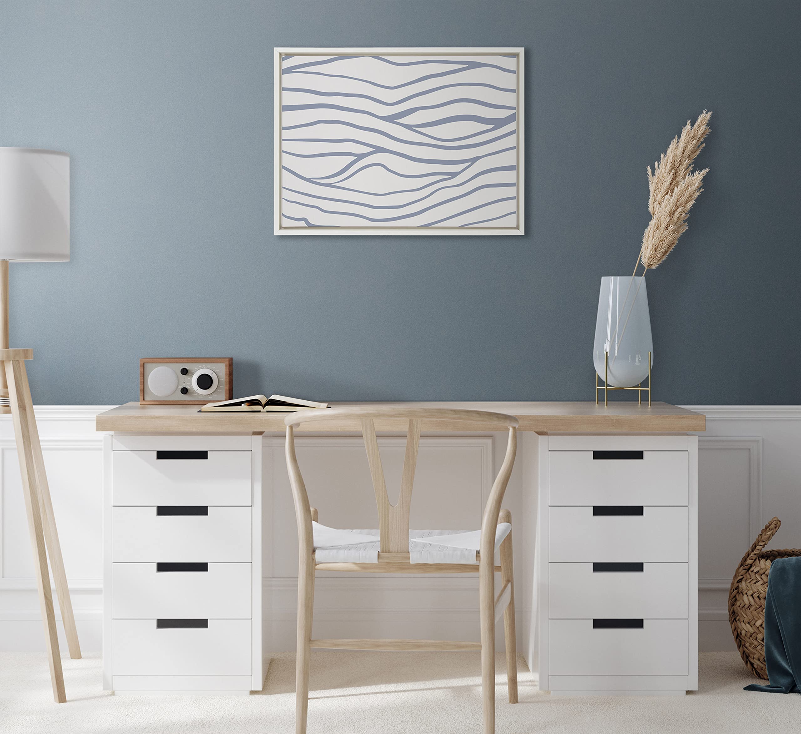 Kate and Laurel Sylvie Simple Elegant Coastal Waves Framed Canvas Wall Art by The Creative Bunch Studio; 18x24 White; Blue Water Waves Art for Wall