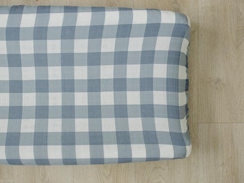 Mebie Baby Changing Pad Cover, Dusty Blue Gingham, 100% Muslin Cotton Changing Table Pad Cover for Boy and Girl, Designer Nursery Decor Covers, Diaper Changing Pad Cover for Changing Station