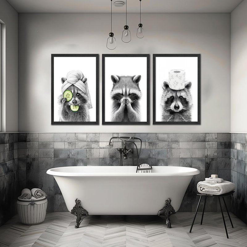 WRFON Raccoon Bathroom Wall Art Set of 3, Black and White Funny Animal Framed Canvas Prints, Farmhouse Wall Decor for Bathroom, Laundry Room or Kids Room, 16" W x 24" H Inch