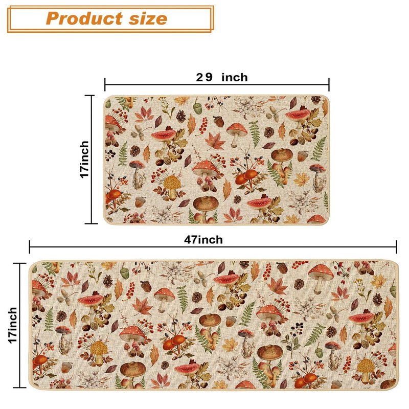 Baccessor Mushroom Fall Kitchen Mats Set of 2, Autumn Kitchen Rugs for Floor Low-Profile Farmhouse Fall Thanksgiving Home Decor 17x29 and 17x47 Inch