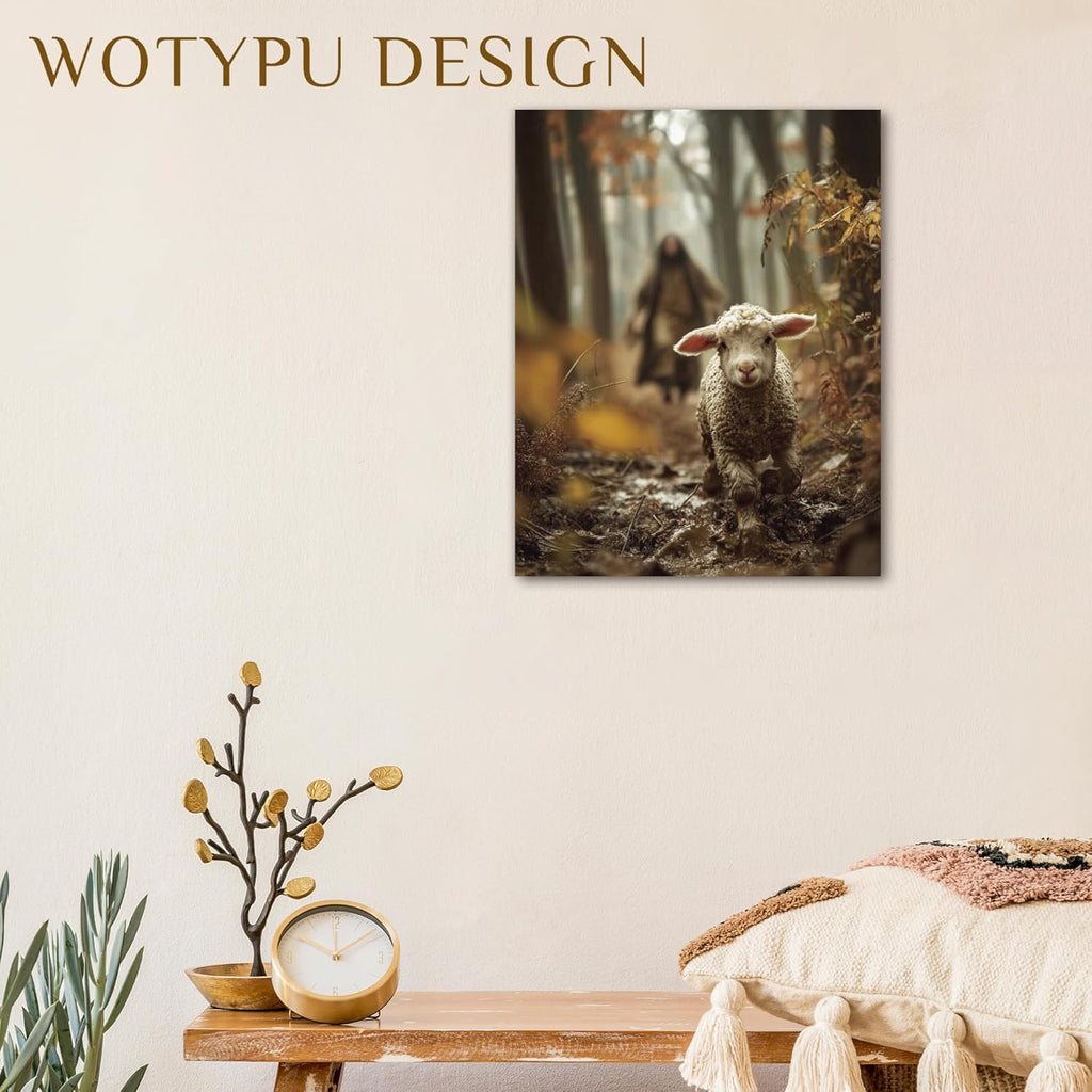 WOTYPU Jesus and the Lamb Wall Art - Framed Christian Canvas Print for Home Decor | 11x14 Inches