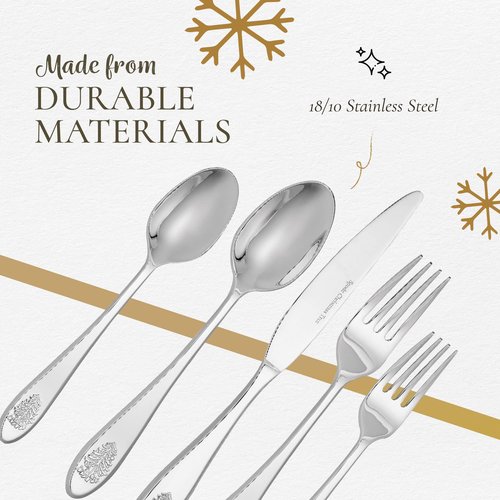 Spode Christmas Tree Collection 20-Piece Stainless Steel Flatware Set - Holiday Cutlery Set - Dishwasher Safe Silverware - 4 Dinner Forks, Salad Forks, Dinner Knives, Tablespoons, Teaspoons