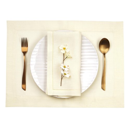 D'Moksha Homes Cream Linen Cloth Placemats Set of 4-100% Pure Linen Hemstitch Placemats 14 x 19 Inch - Classic Hemstitch Table Place Mats for Spring, Easter - Handcrafted and Machine Washable