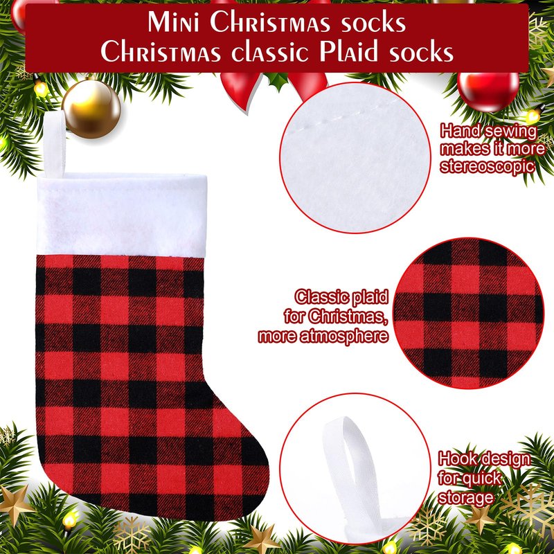 Skylety 60 Pcs Mini Christmas Stockings 8.27 Inch Small Buffalo Plaid Red Black Stockings Hanging Ornament Classic Bulk Christmas for Family Holiday Party Gift Xmas Tree Decoration