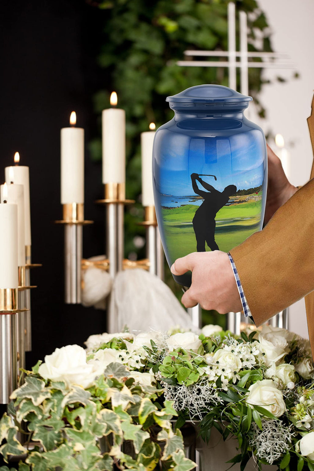 Golf Urn - Full Size Golfer Cremation Urns - Adult Classic Sports Urns - Golf Lovers Funeral and Memorial Urns for Human Ashes Upto 200 Lbs with Velvet Bag (Large)