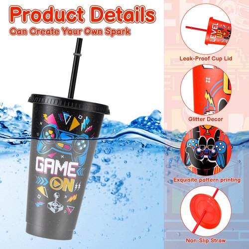 XLSXEXCL 12 Pcs Gamer Party Cups with Lids and Straws Video Game Tumbler 24 oz Plastic Drinking Cups for Gaming Party Favors