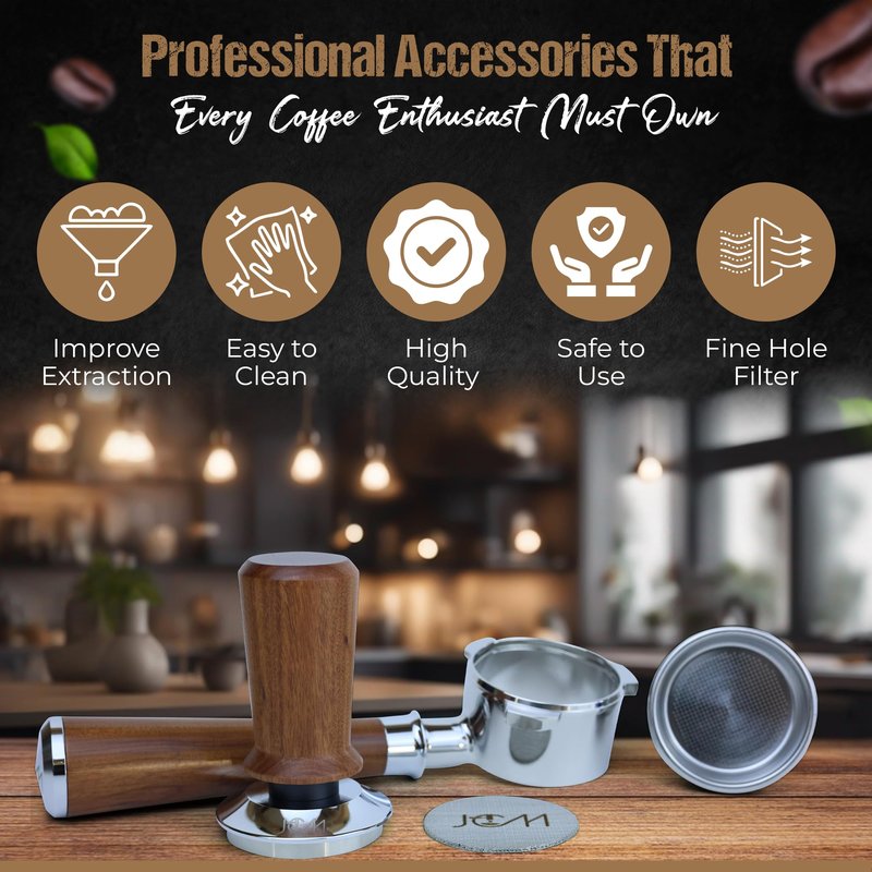 54mm Bottomless Naked Portafilter Red Rosewood Set – Compatible with 54mm Breville machines – Includes 18g Filter Basket, Calibrated Tamper with 30lbs Spring Loaded & 1.7mm Puck Screen