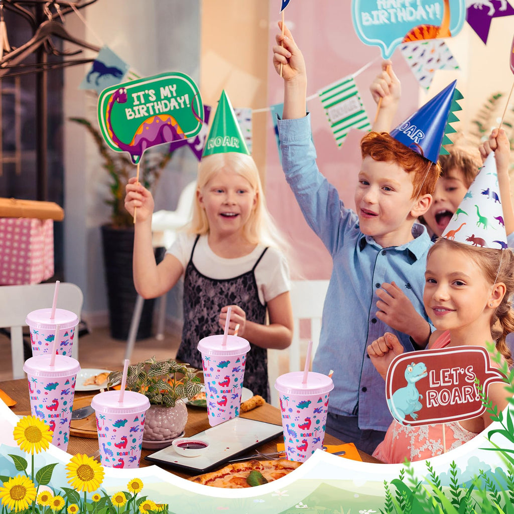 Chuangdi 12 Pcs Dinosaur Birthday Party Supplies for Girls Pink Dinosaur Cups for Kids 24oz Plastic Dino Cups Tumbler with Lid and Straw for Dino Birthday Party Favors