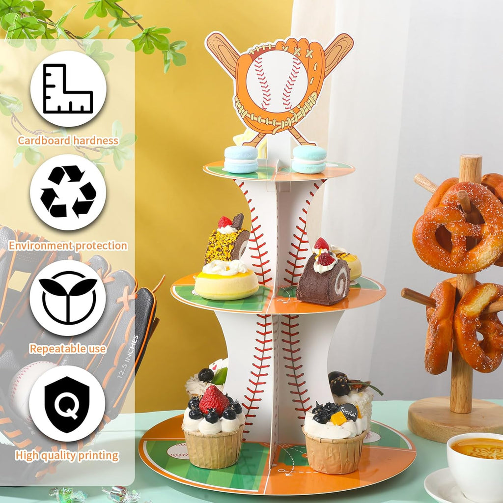 Nuenen Baseball Theme Cupcake Stand - 3 Tier Sports Party Display for Birthday Celebrations