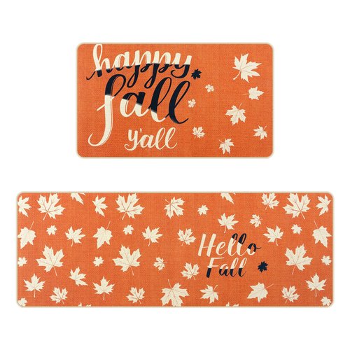 KIMODE Fall Kitchen Rugs Non Slip Washable 17"x47"+17"x29", Orange Farmhouse Kitchen Rugs Sets of 2, Halloween Rugs for Kitchen Floor, Flowers Grass Kitchen Mats for Floor Laundry Office Sink Desk