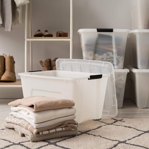 IRIS USA 54 QT Plastic Storage Box - BPA-Free, Durable Nestable Containers with Lid & Latches - Pearl | 4 Pack