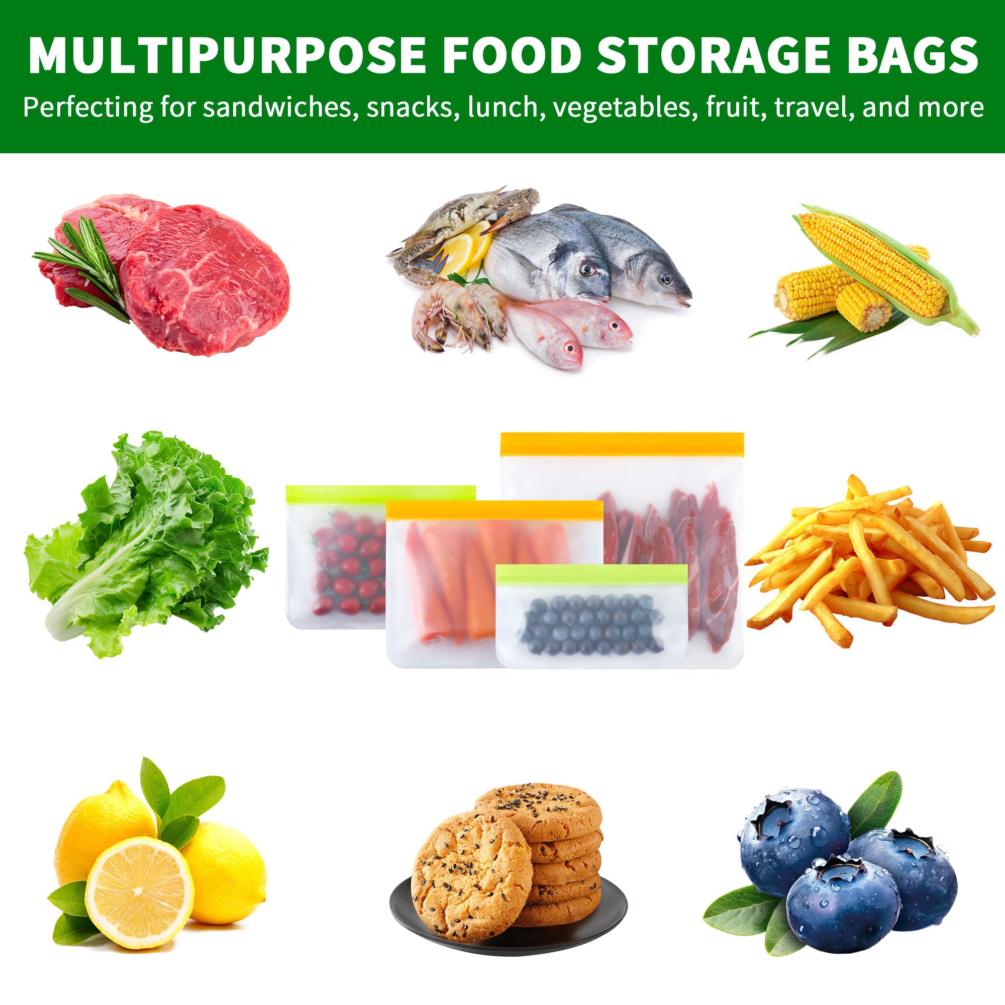 Reusable Freezer Bags 24 Pack Full Sizes Combo: 6 Snack, 6 Sandwich, 6 Quart, 6 Gallon | BPA Free, Dishwasher Safe & Leakproof | For Meal Prep, Lunch, Leftovers, Food Storage & Travel