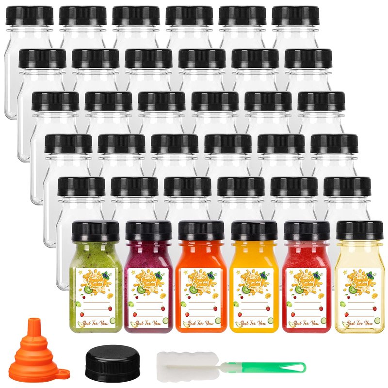 BAKHUK 36pcs 4oz Small Plastic Juice Bottles with Caps, Empty Reusable Clear Bulk Beverage Containers for Juice, Milk and Other Beverages,Suitable for Christmas Parties
