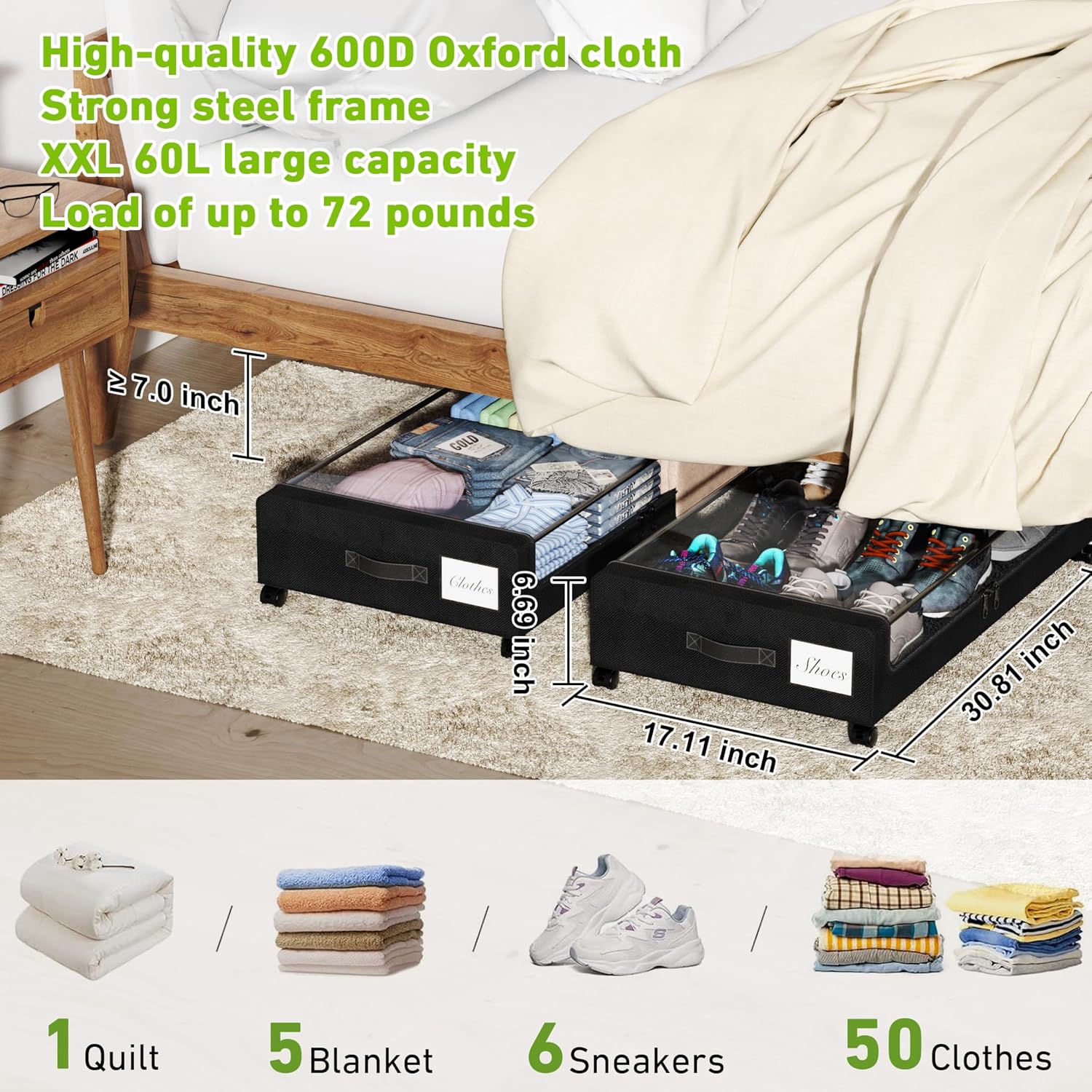 Tututry Under Bed Storage Bins - XXL 60L Rolling Containers with Lids & Labels | 2-Pack Black for Shoes, Clothes, Toys