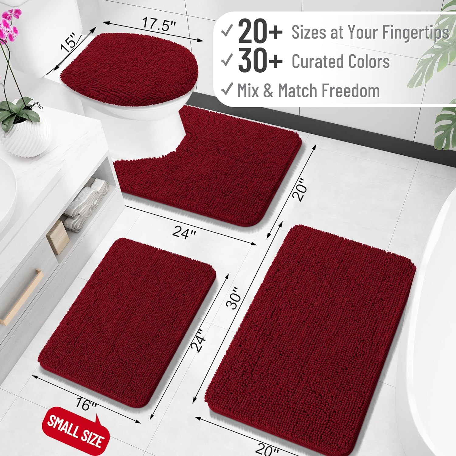 OLANLY U-Shaped Toilet Rugs - Extra Soft, Absorbent Chenille Bath Mat | 24x20, Burgundy, Non-Slip, Machine Washable