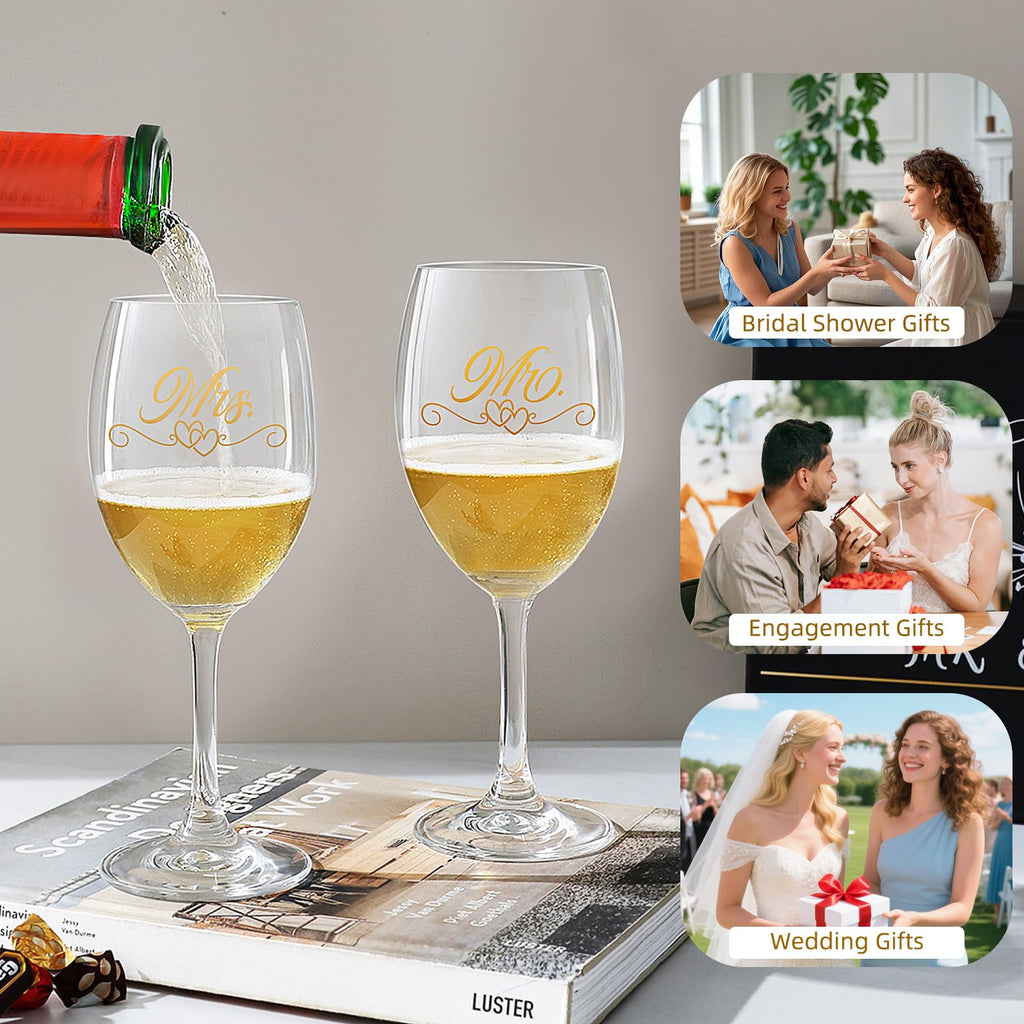 Hanmsen Bridal Shower Gifts Wedding Gifts Engagement Gift for Couples Newlyweds,Mr and Mrs Wine Glass Set,Wedding Glasses for Bride and Groom